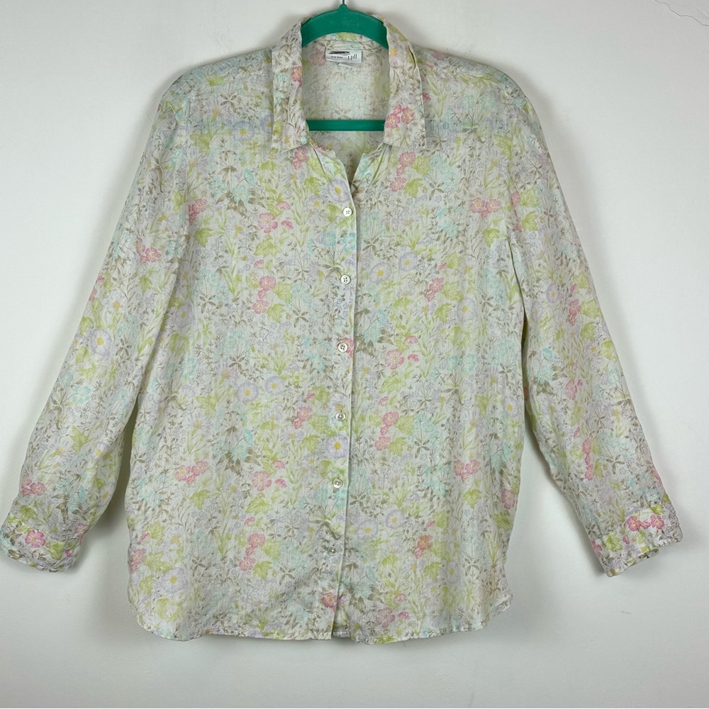 J. Jill Love Linen 100% Linen Pastel Floral Button Down Blouse M Beach Cruise